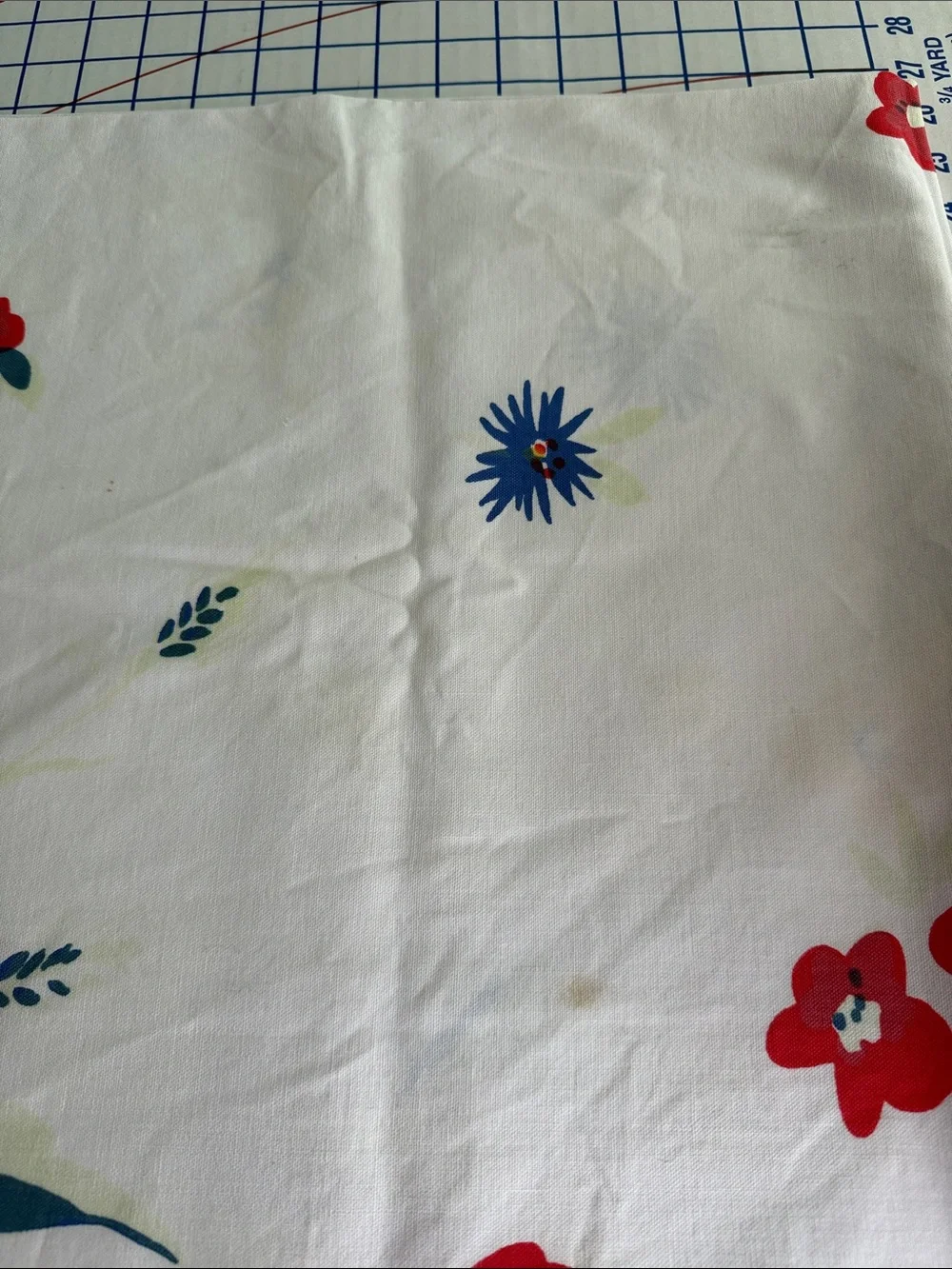 Vintage 50s Floral Tablecloth 64 x 52 Red Yellow Blue Cotton Kitchen Linen